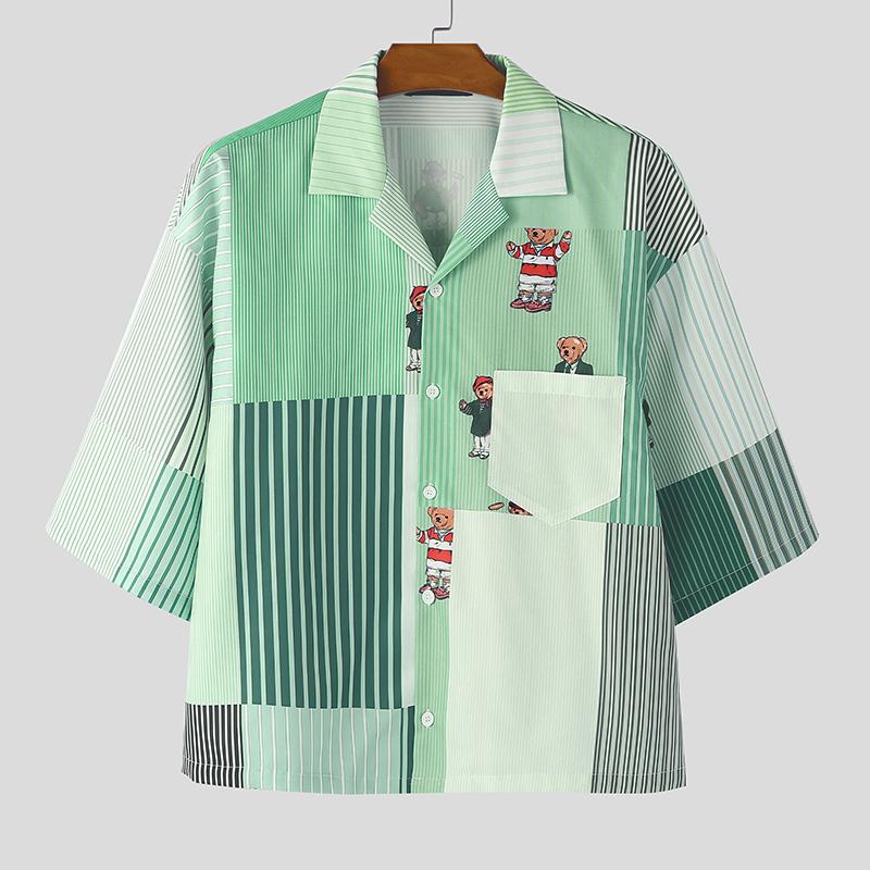 INCERUN Summer Men Lapel Half Sleeve Striped Print Button Up Casual Shirts