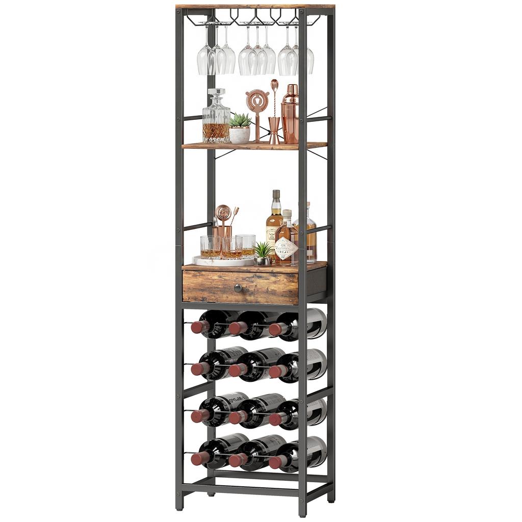 Wine Bar Cabinet with Drawer, Industrial Bar Cabinet, Wine Rack for 12 Bottles, Glass Holder, Rustic Brown