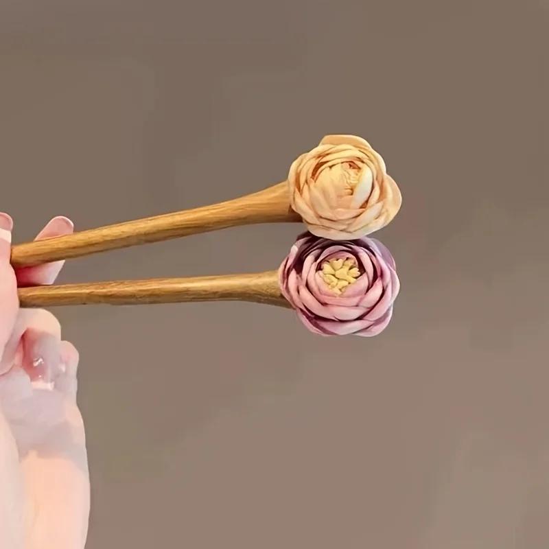 1/2pcs Sandalwood Floral Hairpin - Antique-Inspired Elegant Hair Accessory with Pink Roses & Golden Accents for Cheongsam,Hanfu
