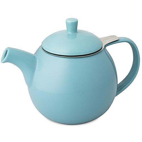 ForLife Ceramic Teapot, 710ml Capacity, Holds 4 Cups, Includes Tea Strainer, Microwave and Dishwasher Safe, Turquoise Blue, Carved Teapot, 387Trq