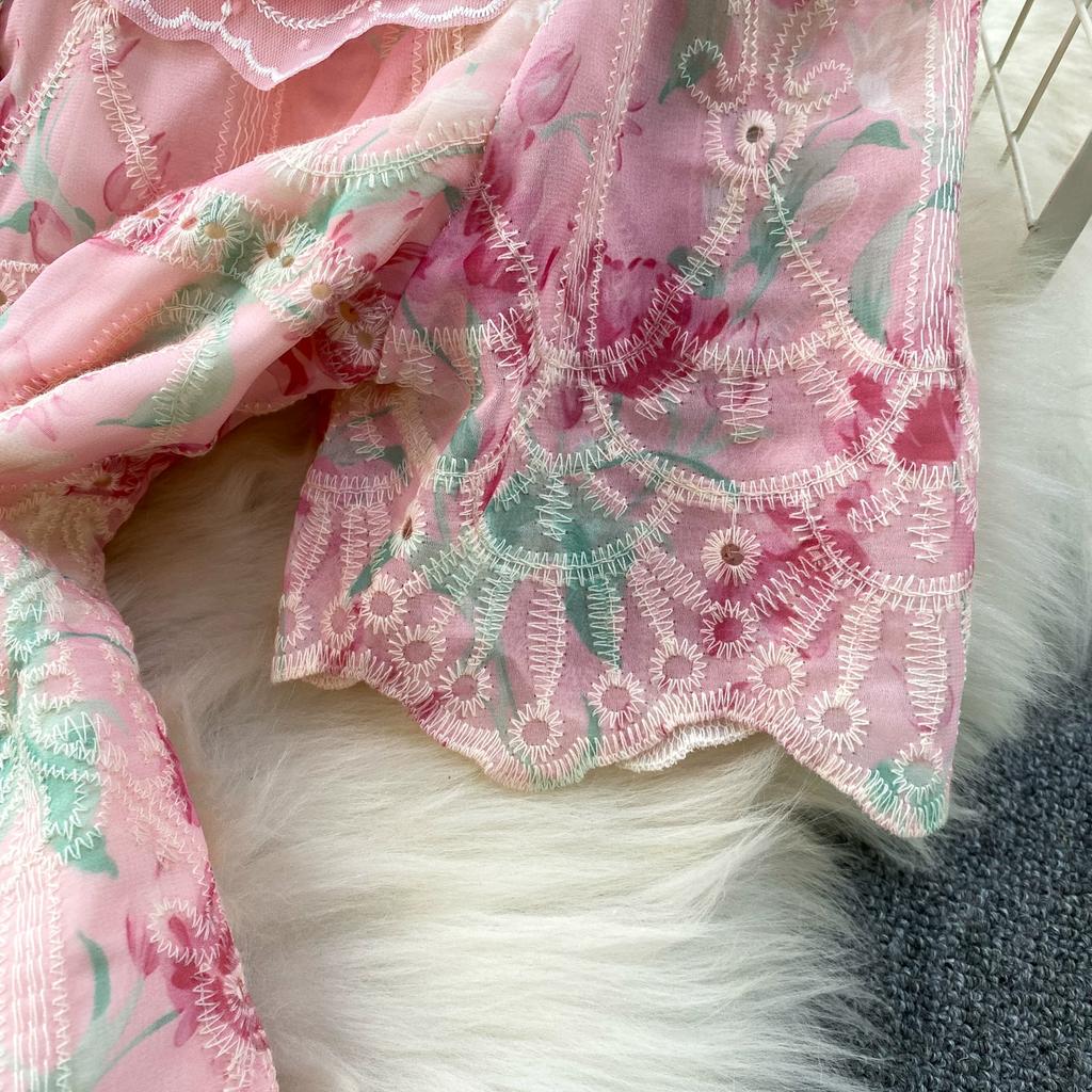 Elegant 2 Piece Set Women Summer Spring Floral Print Embroidery Prom Evening Party Long Dress Suits Crop Top Skirts Suits