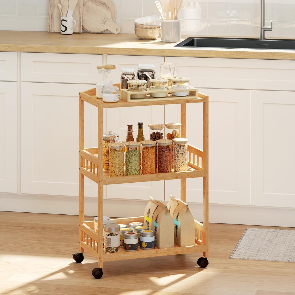Kitchen Cart Rolling Cart with 3 Levels, Serving Cart with Storage Kitchen Shelf on Casters, for Kitchen Bathroom Office Natural Wood