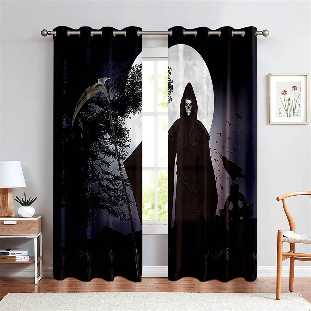 Halloween Dark Big Hand Skull Bat 3D Curtains 2 Panel Living Room Bedroom Balcony Window Decorative Curtains