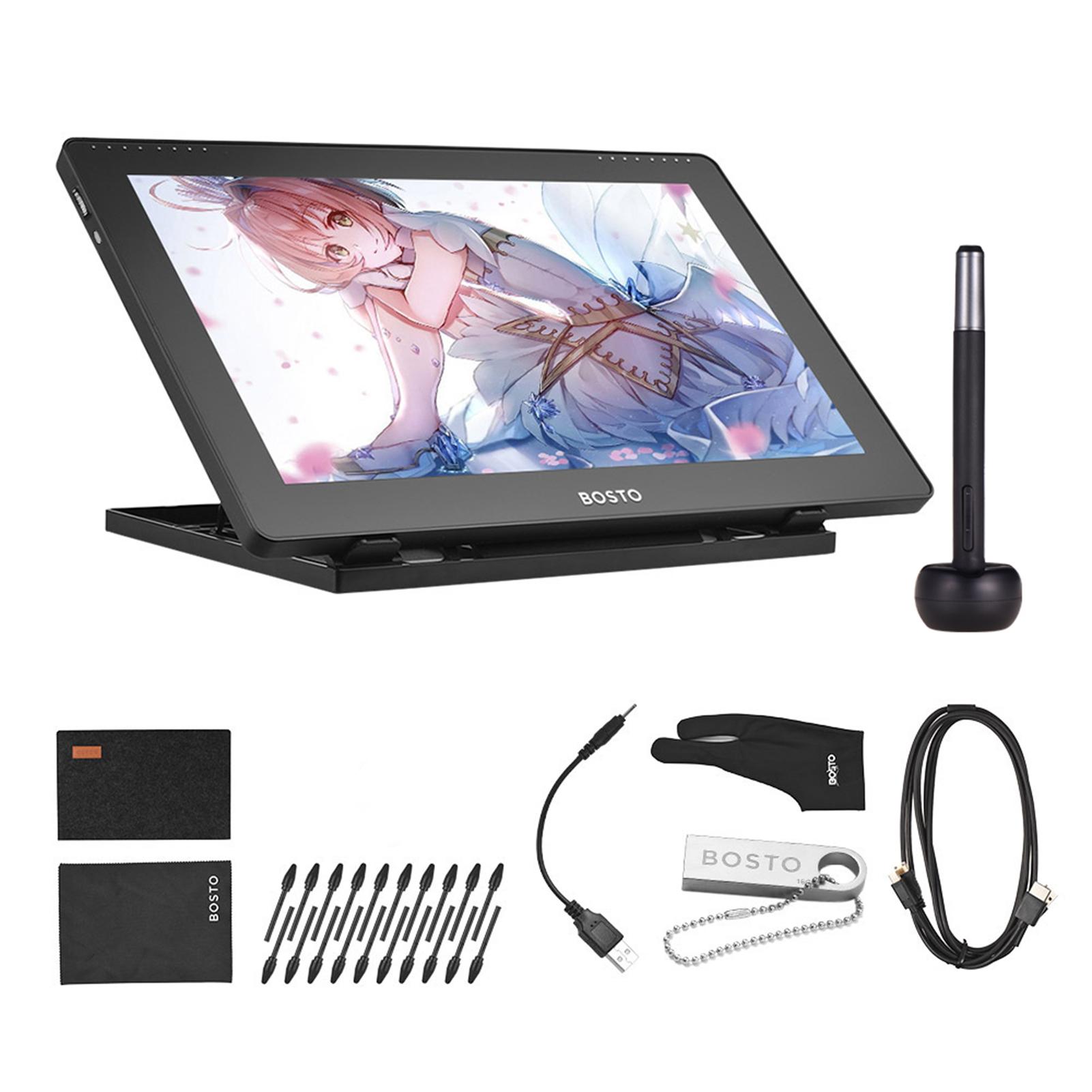 

BOSTO 16HD 15,6-дюймовый IPS графический планшет для рисования, монитор с высоким разрешением 1920*1080, 8192 Active Stylus&With Buttons чёрный