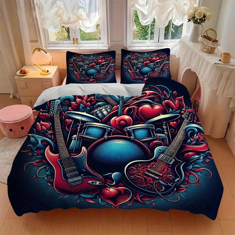 3pcs Music Love Bedding Cover Set, Fashion Classic Popular Print Bedding Set, Soft Comfortable, All Season Use, For Bedroom, Guest Rooma0819186