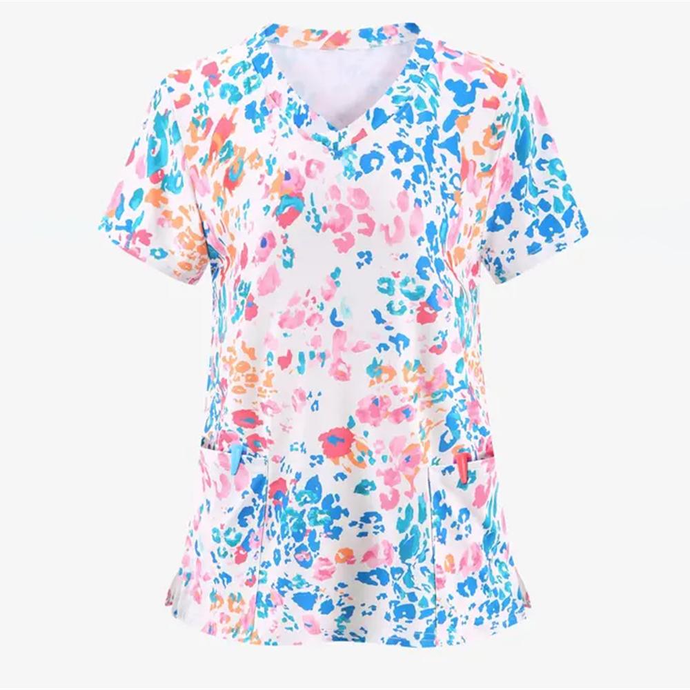 Scrubs Medical Uniforms Woman Fashion Floral Print Dental Nurse Tops V-Neck Short Sleeve Patch Pocket Tees Nurse Uniform Woman