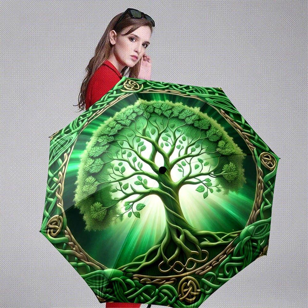 Automatic Folding Umbrella with Celtic Tree of Life Design - Self-Opening/ Closing, 8-Rib Compact Green Irish Knot Pattern, Po