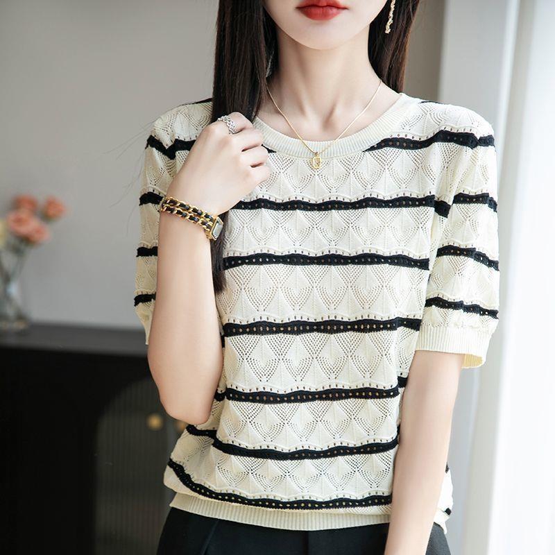 

Summer Women s Knitted Short Sleeve T-shirt Round Neck Hollow T-shirt Loose Knitted Shirt Top XL чорний