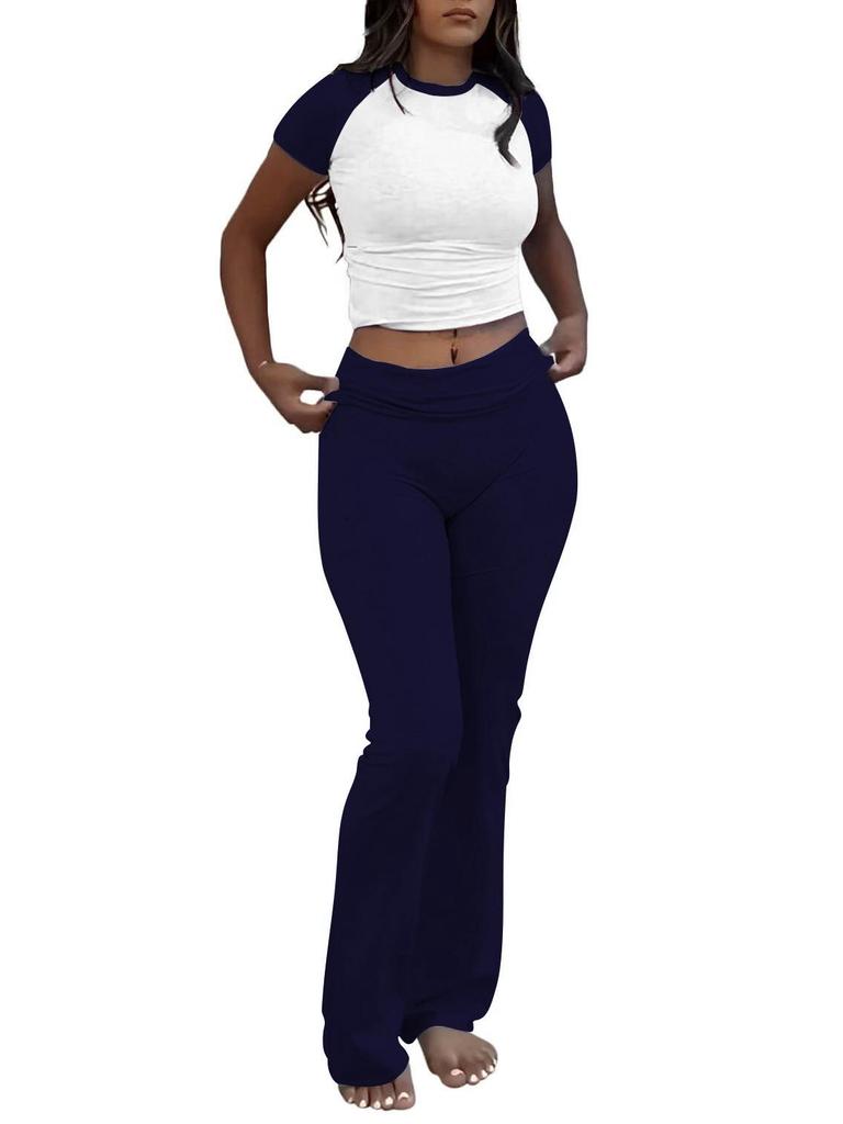 Women's Casual Workout Two-piece Set - Round Neck T-shirt & Low-waisted Flared Pants