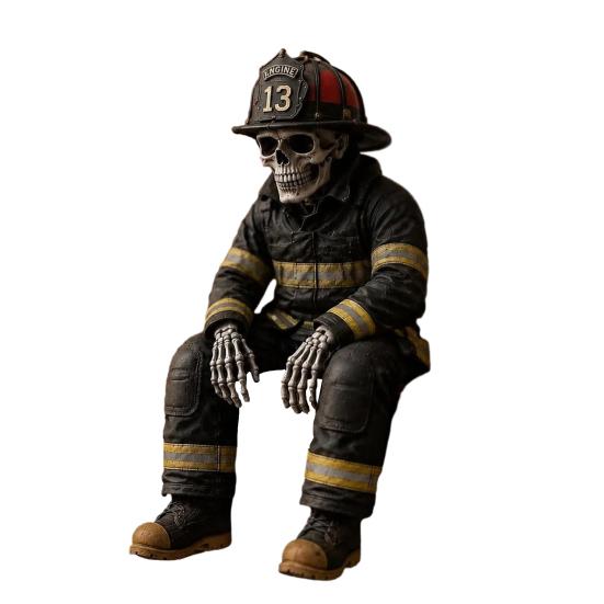 Firefighter Ornament Skeleton Shelf Sitter Statue, Vintage Resin Figurine with Realistic Gear & Distressed Sitting Posture Finish, Dark Industrial