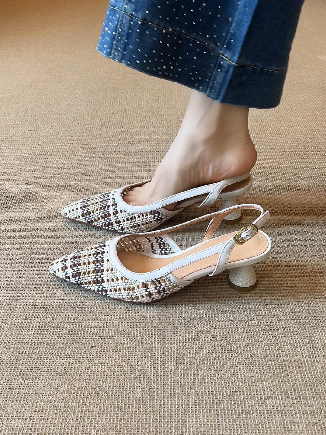 

French elegant woven color matching pointed high heels new versatile skirt bag head sandals 40