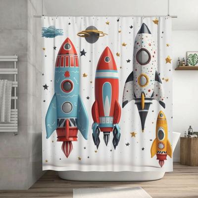Bathroom Shower Curtain Waterproof Fabric Shower Curtains With 12 Hooks Cartoon Rockets Bath Curtain Set For Bathtubs