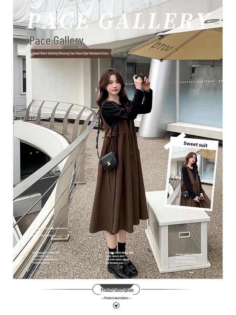 Khaki Faux Two-Piece Spliced A-Line Dress - Women's Mid-Length Spring 2025 French Sweet Style Pinafore Dress