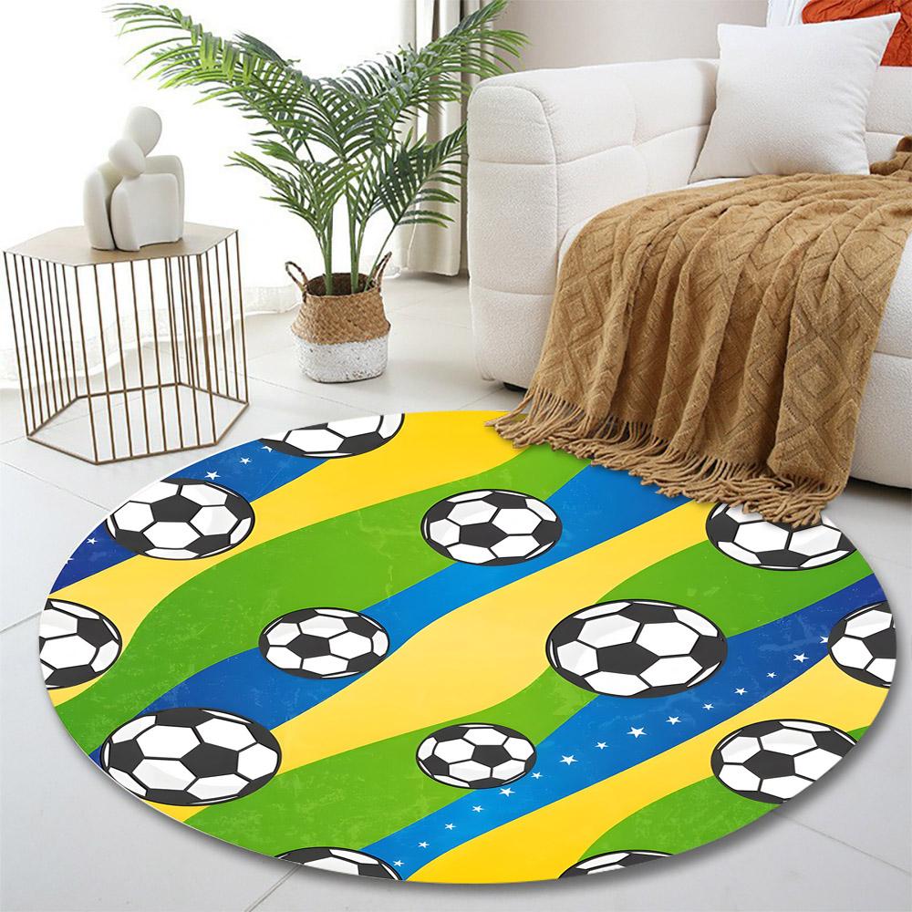 Soccer Ball Brazil Theme Pattern Print Round Rug, Living Room, Bedroom, Playroom Carpet, Non Slip Floor Mat, Gift