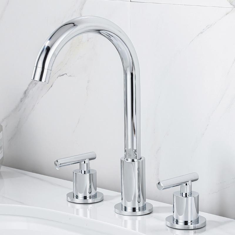 Basin Faucets Brass Polished Chrome Deck Mounted Round Bathroom Sink Faucets 3 Holes Double Handles Hot And Cold Water Tap