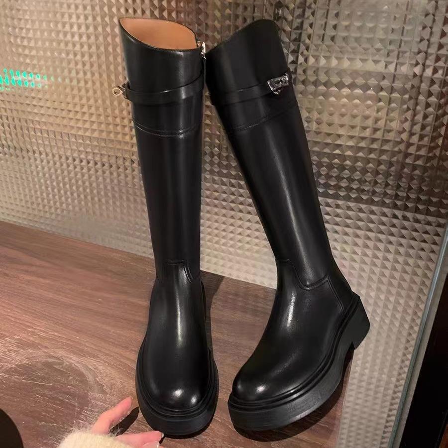 Grape Mother Has the Same Style and Likes the Quality~ Round Head Color Matching Lock Thick Heel Medium and High Boots Knight Boots Women's Genuine Le