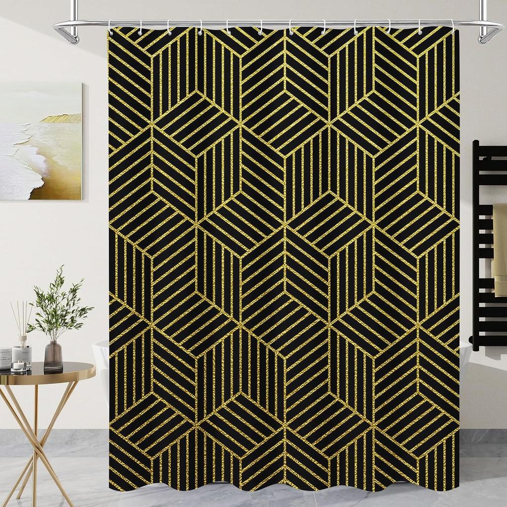 Black and Gold Striped Shower Curtain, Geometric Art Decor Bath Curtain, Abstract Modern Minimalist Waterproof Fabric Shower Cur