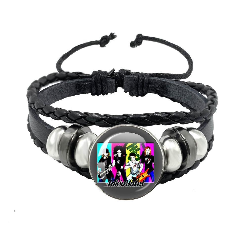 Pop Retro Rock Band Tokio Hotel Bill Kaulitz Band Black Rope Button Glass Cabochon Leather Bracelet Jewelry Charm Fans
