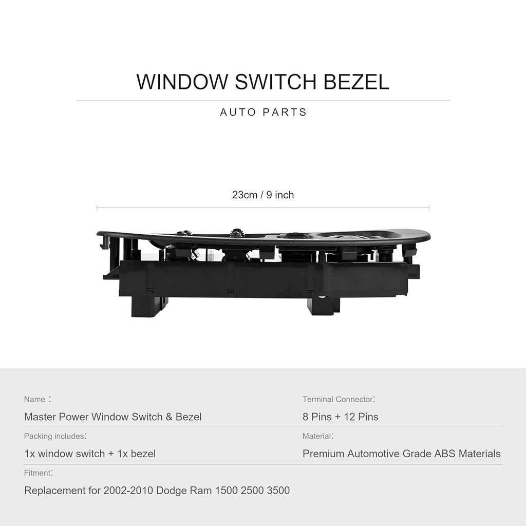 BASIKER Master Power Window Switch And Bezel Driver Side And Window Bezel Passenger Side Replacements For 2002-2010 Dodge Ram 1500 2500 3500, Black