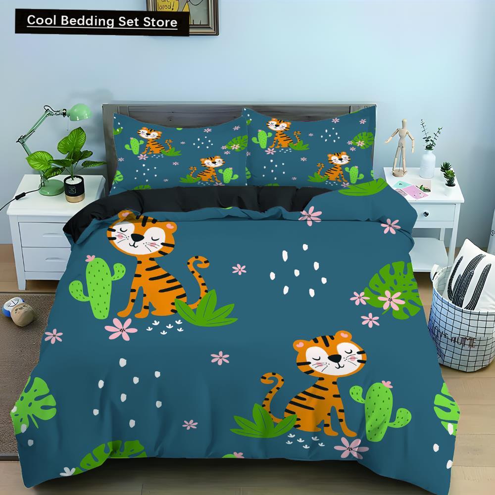 Comforter Cartoon Animal King Queen Elephant Tiger Lion Rhinoceros Bedding Set Wildlife Polyester Comforter
