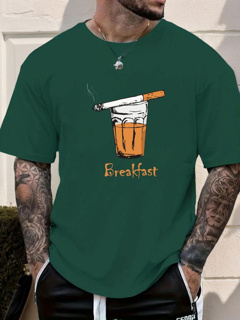 Mens Casual Tshirt Breakfast Cigarette Drink Print Short Sleeve Round Neck Breathable Oversized Edgy Daily Tee