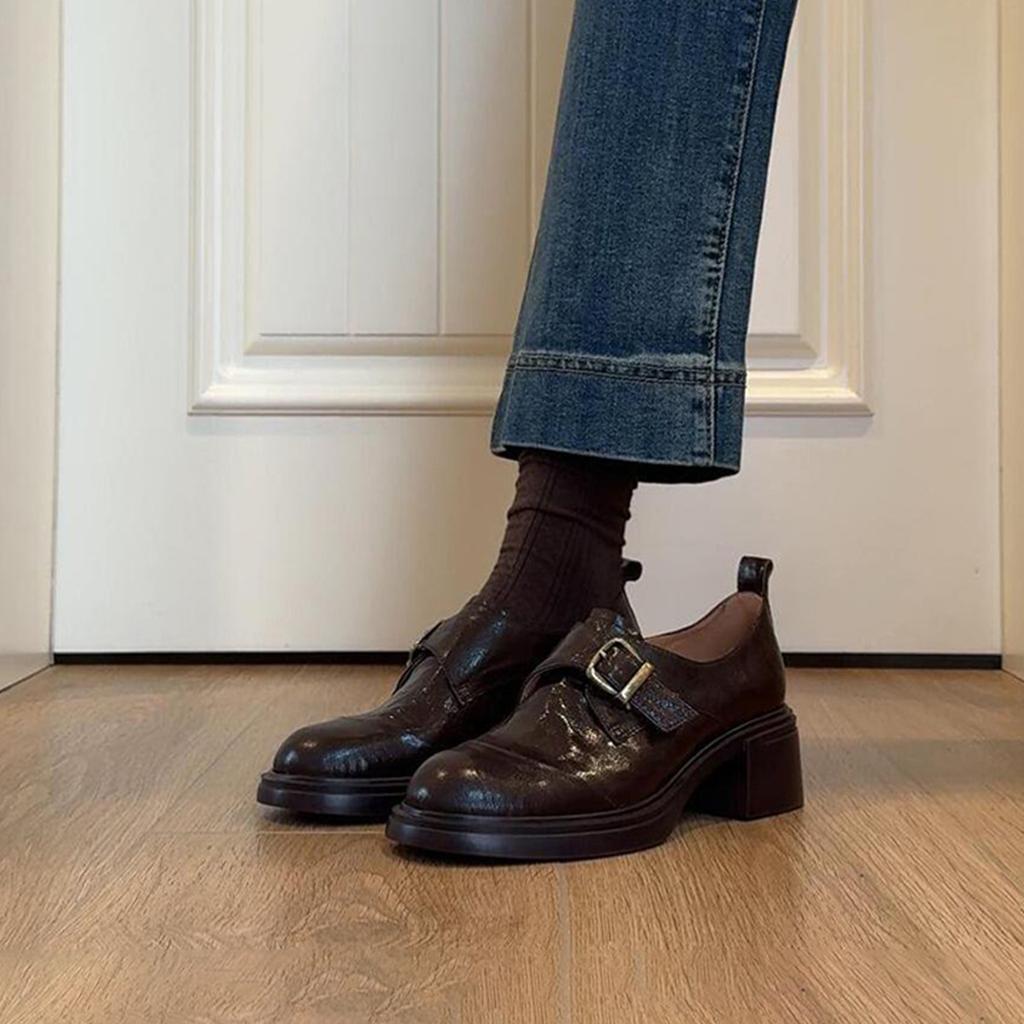 Sheepskin Version~ Retro Belt Buckle Deep Mouth Loafers Women's Simple Commuting Thick Heel One Pedal British Style Small Leather Shoes