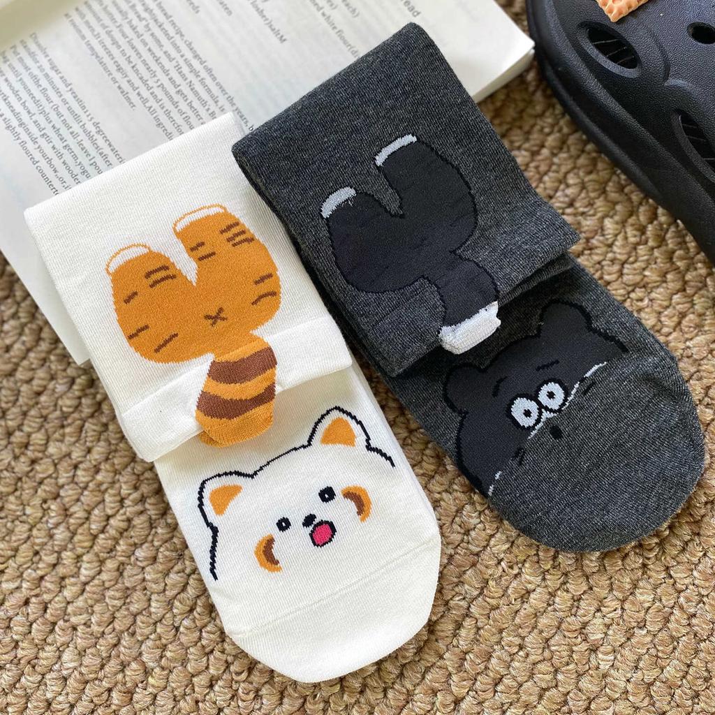 Breathable Embroidery Animal Pattern Socks Spring Autumn Cotton Calf Socks for Women Men Daily Wear Middle Tube Stockings