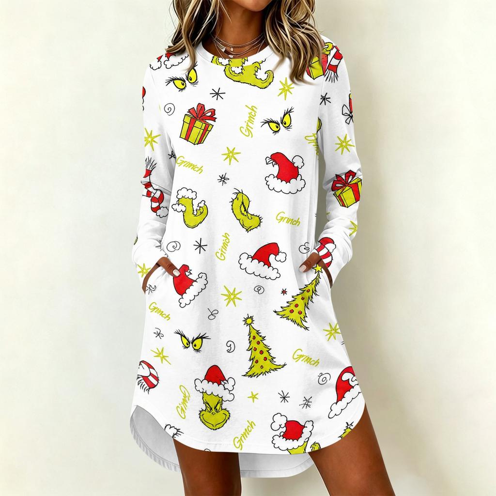 Women's Casual Long Sleeve Neck Dress with Christmas Print for Holiday Party