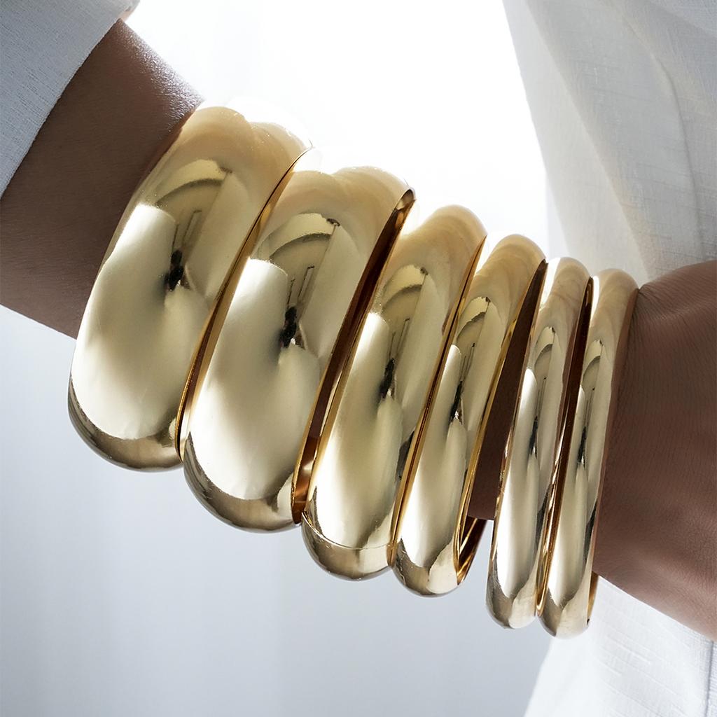6 Pcs Punk Glossy Metal Round Chunky Bangles for Women Fashion Hip Hop Gold Color Geometric Bracelet Set Grunge Jewelry Men 2026