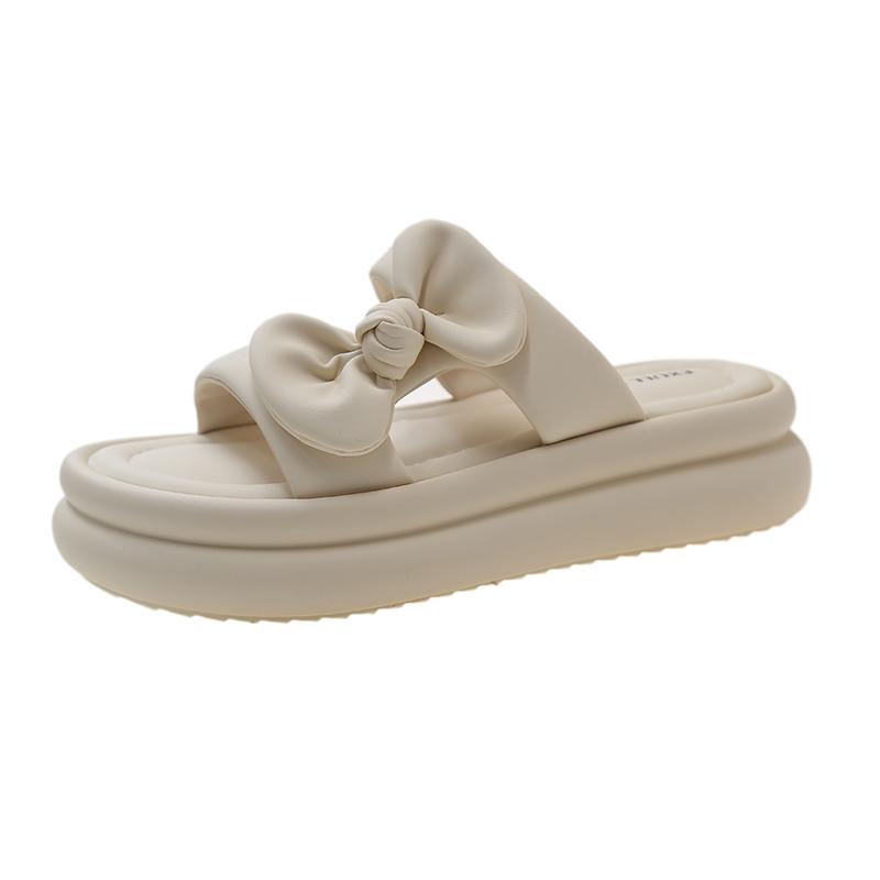 

Fashion Fashionable Cool Slippers 2025 New Soft Leather Thick Sole Bow Tie for Wearing on The Beach Daily Slippers 35 бежевый