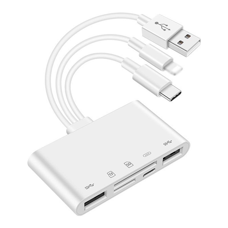 

5-in-1 USB Hub Lightning 2xUSB SD TF Card Reader Adapter with Type-C/USB/Lightning Port As Shown A