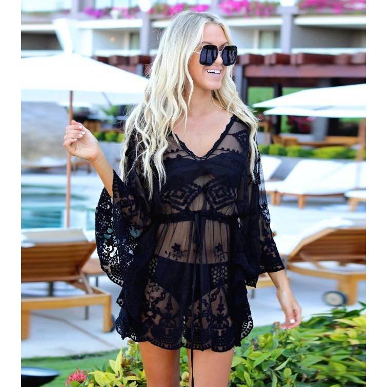 

Летние женские сексуальные кружевные накидки на бикини, прозрачное пляжное платье, купальники One size белый