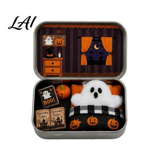 Haunted House Gift Box Halloween Mini Tin Gift Plush Ghost with Candy Storage Scene Collectible Micro Theater for Kids Party Favor Witch
