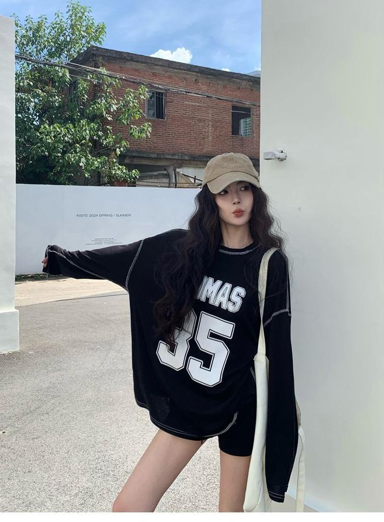 Women's O Neck Long Sleeve T-Shirt Loose Fit Casual Vintage Off Shoulder Letter Print Top