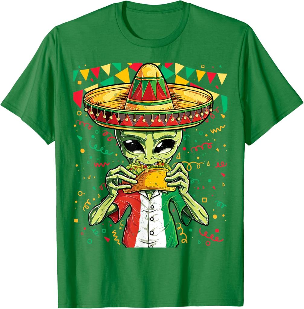 Alien Eating Taco Cinco De Mayo Unisex UFO Mexico Flag Sombrero T-Shirt