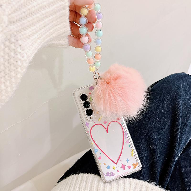 Colorful Heart Purikura Photo Frame Beads Bracelet Plush Pendant Phone Case For Samsung Galaxy Z Fold 3 Hard Transparent Cover