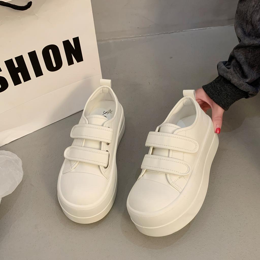 Little White Shoes Women's 2025 New Spring and Autumn Velcro Women's Shoes Thick-soled Heightening Shoes with Wide-leg Pants Casual Board Shoes