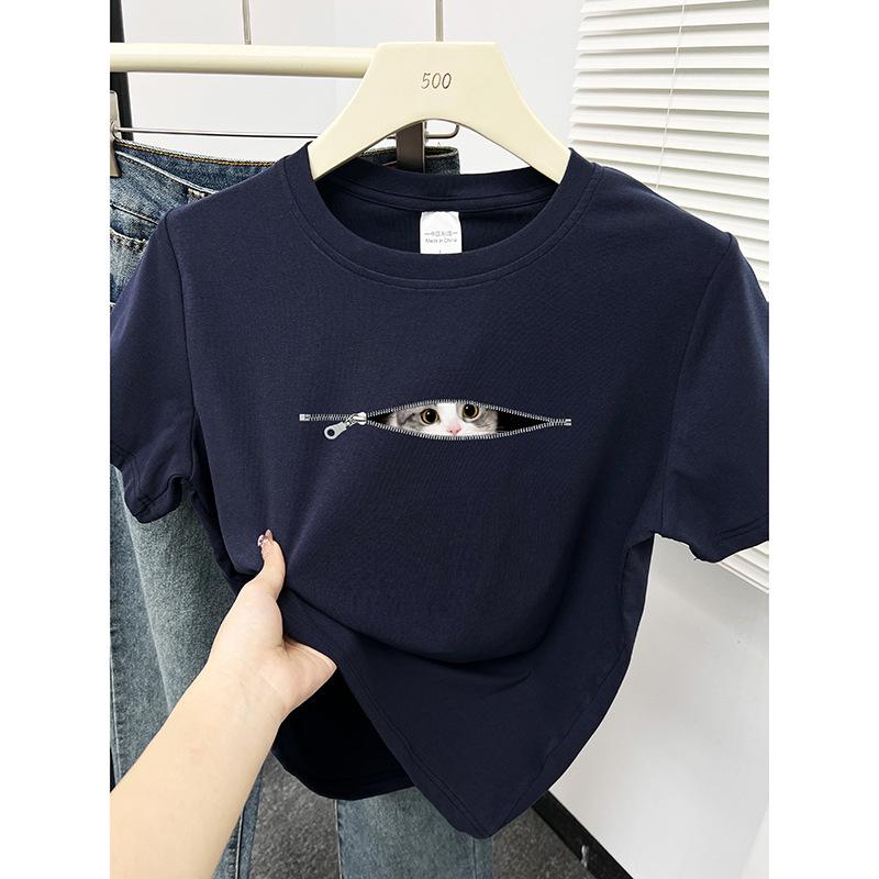 

Women s Korean Style Cute Cat Crew Neck Short Sleeve Slimming T-Shirt Large