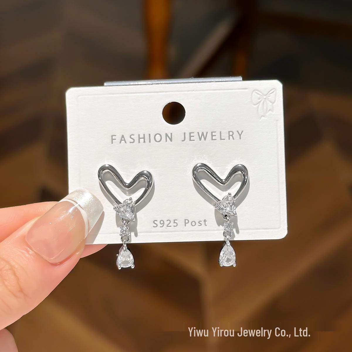 S925 Silver Love Heart Stud Earrings with Zircon - Trendy Niche Design for Women