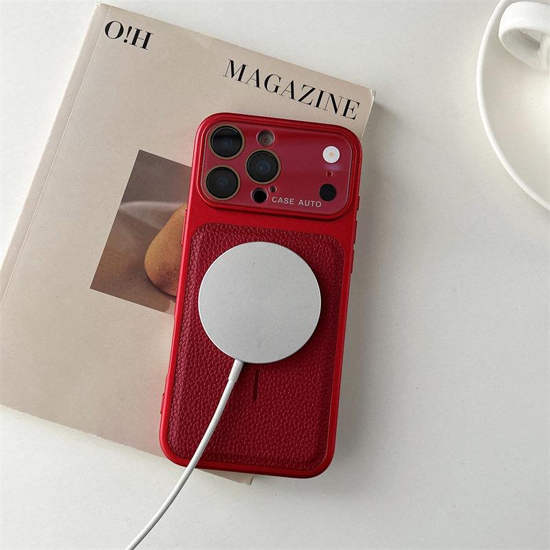 Lychee Pattern Magnetic Phone Case for iPhone 17 Pro Max with Built-in Lens Protector.