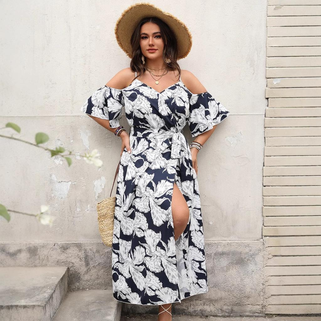 Independent research and development design, spring and summer new printing vacation style dress, suspender split skirt
