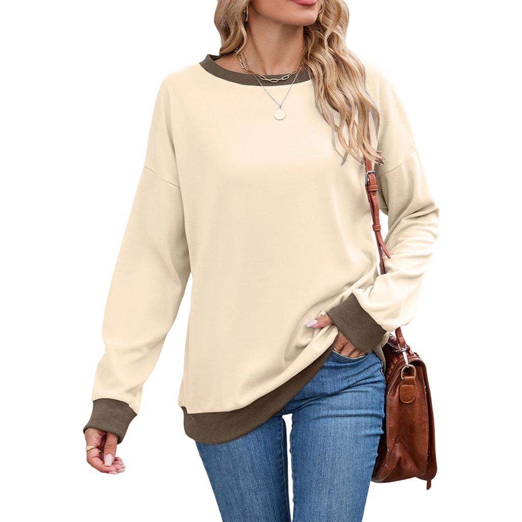 Women's Fashionable Color Blocked Round Neck Long Sleeved Casual Hoodie Top