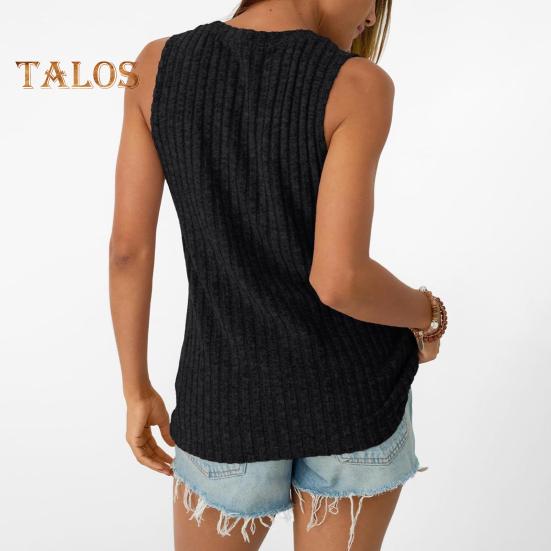 Women Tops Round Neck Sleeveless Slim Fit Knitted Tops Solid Color Elastic Ribbed Tank Tops Daily Wear