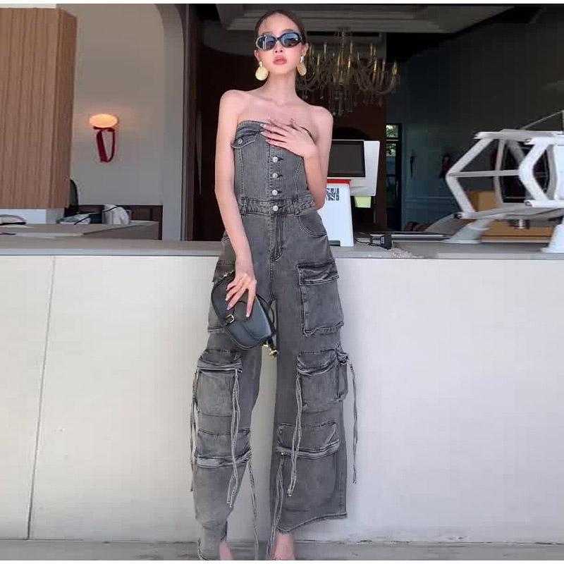 High Street Denim Jumpsuit Women Patchwork Strapless Single Breasted Pockets Wide Leg Jumpsuits 2025 Spring Summer Lady New Solid Color Jumpsuit