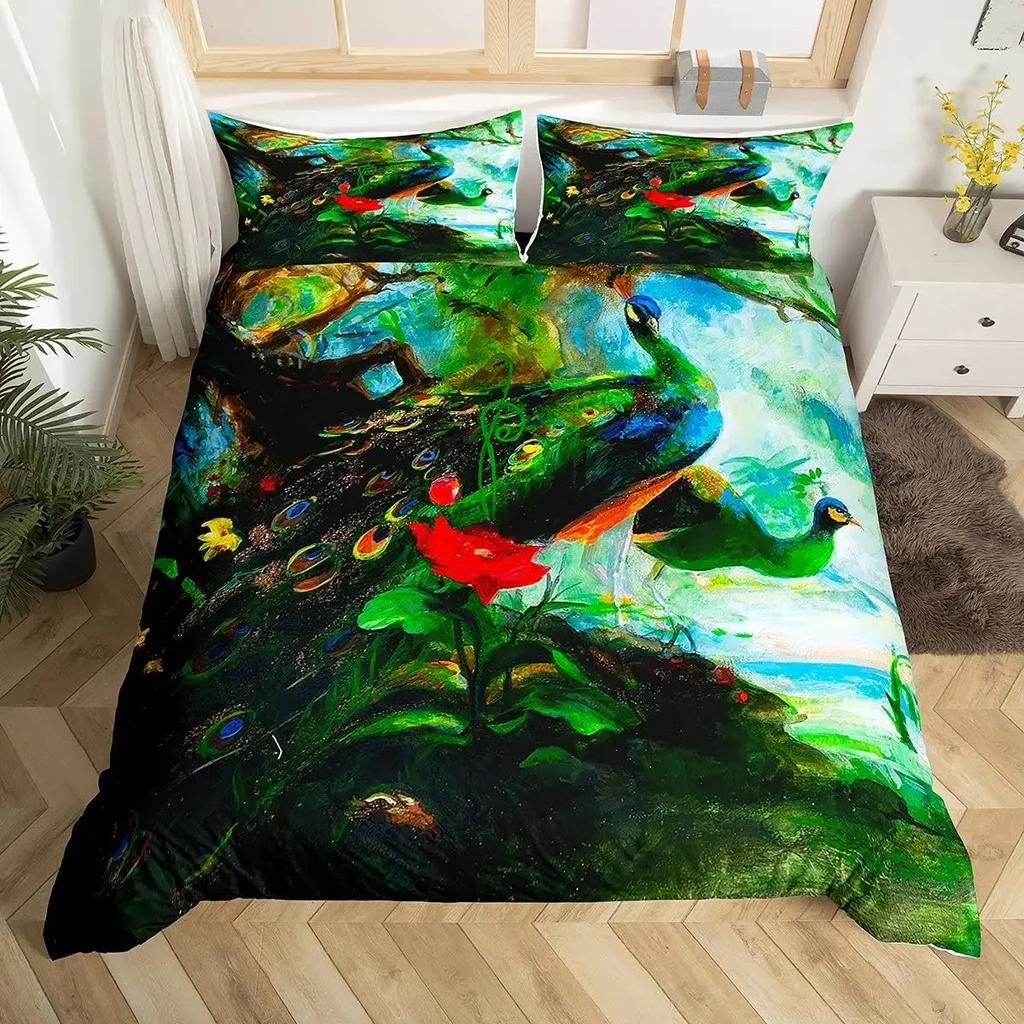 Peacock Comforter Cover Bohemian Duvet Cover Set Exotic Birds Animals Bedding Set Feather Floral Fresh Natural Bedspreads Cover