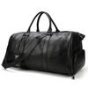 Men's Black Leather Gym & Travel Bag with Shoe Compartment, Waterproof Cowhide Crossbody Shoulder Bag