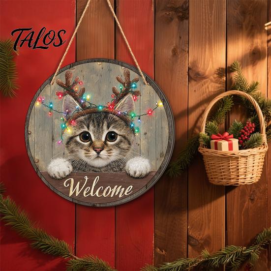 Rustic Farmhouse Ornament Wooden Christmas Welcome Sign, Animal Round Hanging Door Decor, Festive Wall Sign for Window Garden Holiday Decor