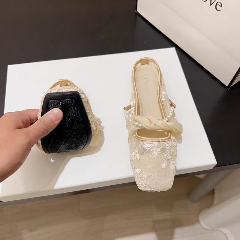 Chinese-style pearl mesh soft-soled sandals 2025 summer new shoes flat-bottomed bag head wear half slippers women