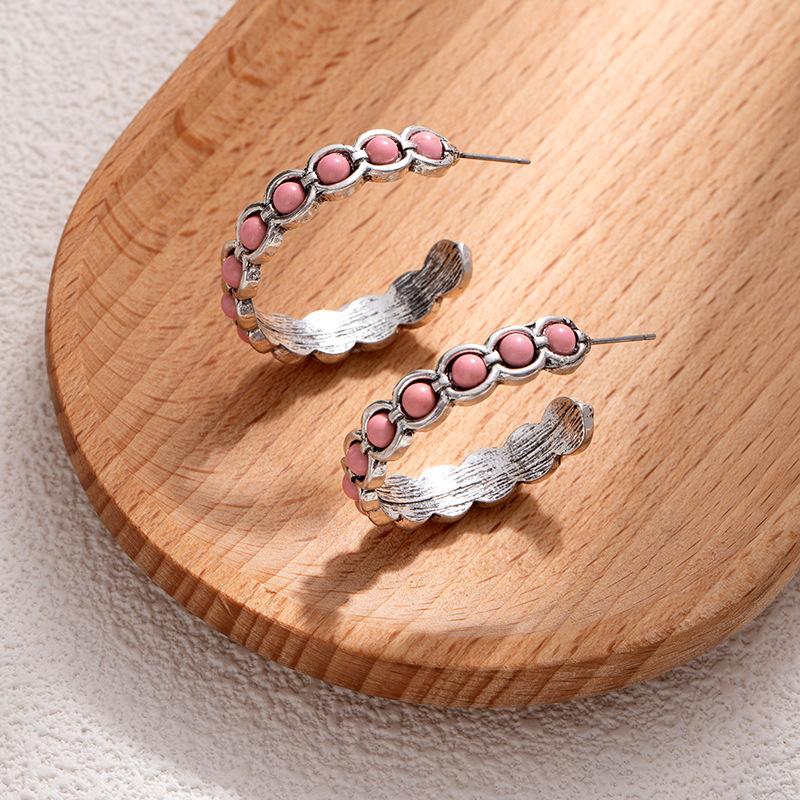 Literary Retro Turquoise Large Circle C-Shaped Earrings Women'S Bohemian Earrings High-End Niche Design Earrings