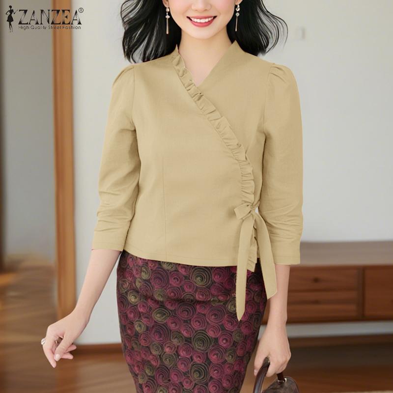 ZANZEA Blusa Casual de Verano para Mujer con Cuello en V y Manga 3/4 de Color Sólido